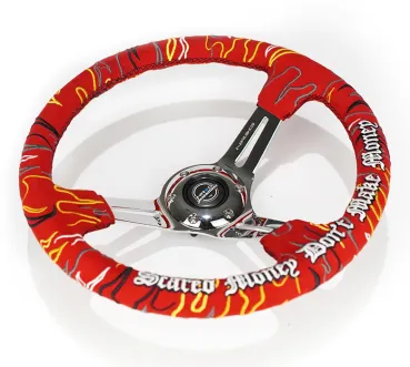 NRG Innovations Lenkrad Schwarze Kreuzstichnaht Ryan Litteral Signature Scare Money Don't Make Money Flammen-Stickerei Rot - Chrom 350mm Alcantara