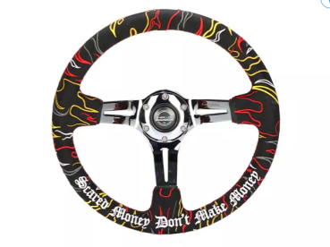 NRG Innovations Lenkrad Rote Kreuzstichnaht Ryan Litteral Signature Scare Money Don't Make Money Flammen-Stickerei Schwarz - Chrom 350mm Alcantara