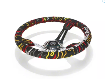 NRG Innovations Lenkrad Rote Kreuzstichnaht Ryan Litteral Signature Scare Money Don't Make Money Flammen-Stickerei Schwarz - Chrom 350mm Alcantara