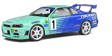 1/18 Nissan GT-R R34 Skyline Falken Drift Livery, Blue / Turquoise - Solido