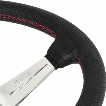 Nardi Deep Corn Steering Wheel, Black Perforated Leather, Chrome Spokes, Red Stitching, 75 mm Dish, Ø35 cm