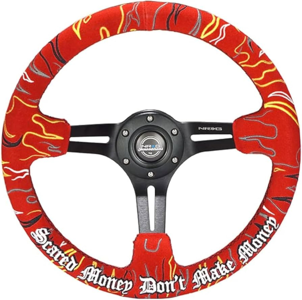 NRG Innovations Lenkrad Schwarze Kreuzstichnaht Ryan Litteral Signature Scare Money Don't Make Money Flammen-Stickerei Rot - Schwarz 350mm Alcantara