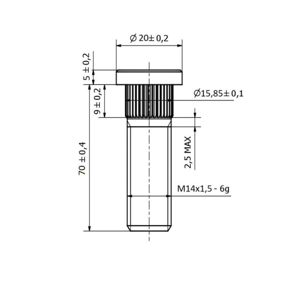 Wheel Stud Long M14x1,5 - 70mm - Spline 15.85