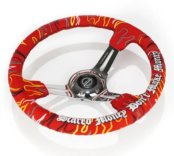 NRG Innovations Lenkrad Schwarze Kreuzstichnaht Ryan Litteral Signature Scare Money Don't Make Money Flammen-Stickerei Rot - Chrom 350mm Alcantara