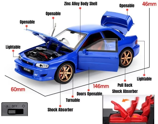 1/32 Subaru GC 22B WRX STI Coupe Blue With Lights