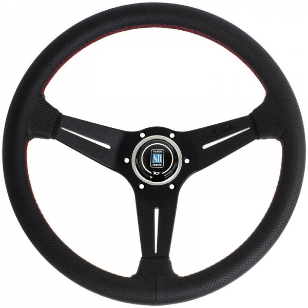 Nardi Deep Corn Steering Wheel, Black Perforated Leather, Black Spokes, Red Stitching, 75 mm Dish, Ø35 cm
