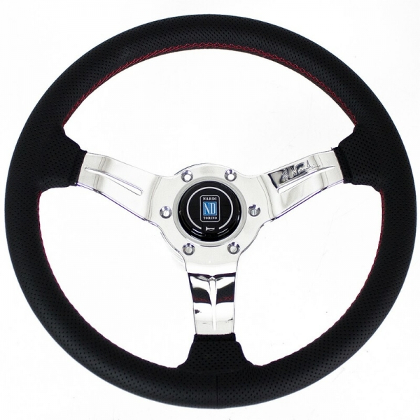 Nardi Deep Corn Steering Wheel, Black Perforated Leather, Chrome Spokes, Red Stitching, 50 mm Dish, Ø33 cm
