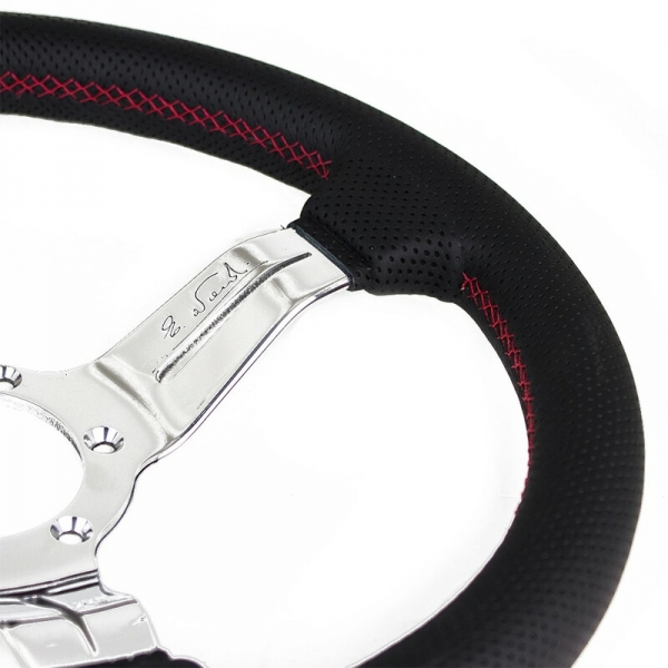 Nardi Deep Corn Steering Wheel, Black Perforated Leather, Chrome Spokes, Red Stitching, 50 mm Dish, Ø33 cm