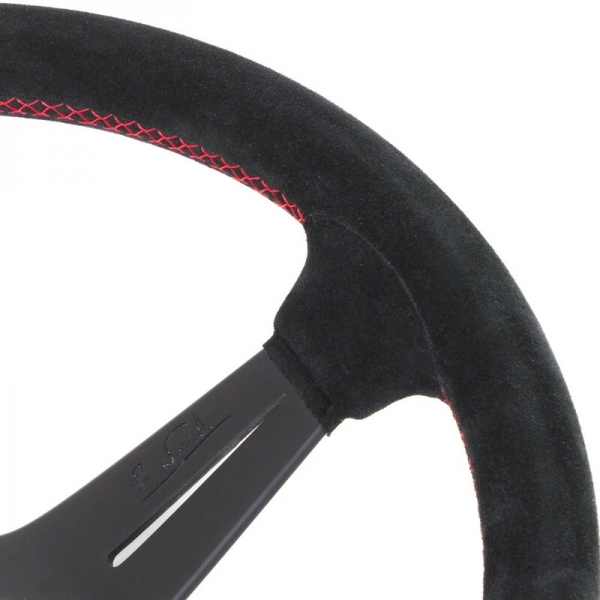 Nardi Deep Corn Steering Wheel, Suede, Black Spokes, Red Stitching, 75 mm Dish, Ø35 cm