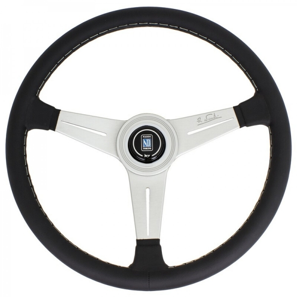 Nardi Classic ND34 Steering Wheel, Black Leather, Satin Spokes, Grey Stitching, 25 mm Dish