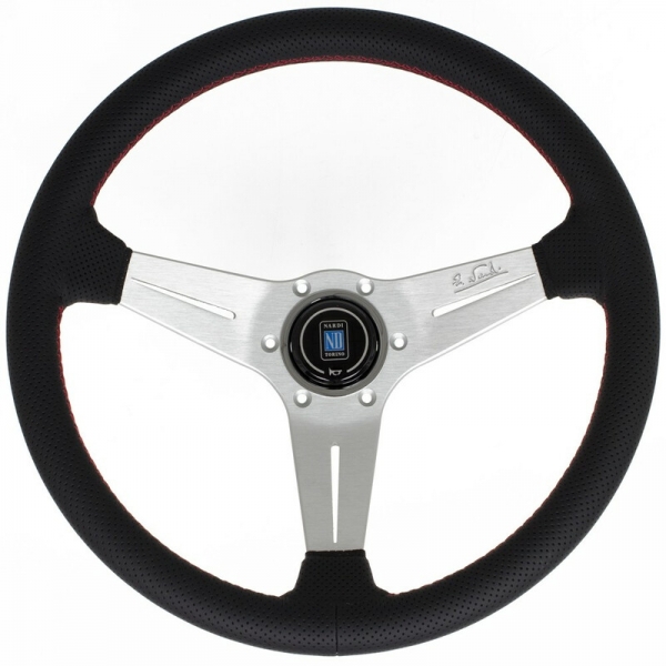 Nardi Deep Corn Steering Wheel, Black Perforated Leather, Satin Spokes, Red Stitching, 75 mm Dish, Ø35 cm