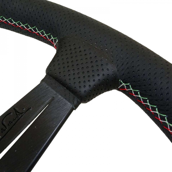 Nardi Deep Corn Steering Wheel, Black Perforated Leather, Black Spokes, Italia Stitching, 75 mm Dish, Ø35 cm