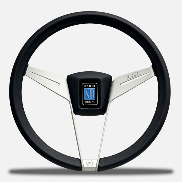 Nardi Novantesimo 90th Anniversary Steering Wheel, Black Leather, White Spokes, Ø35.5 cm, Black Center Ring with Screws at Sight