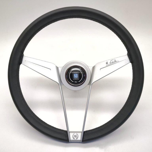 Nardi Novantesimo 90th Anniversary Steering Wheel, Black Leather, White Spokes, Ø35.5 cm, White Center Ring with Screws at Sight