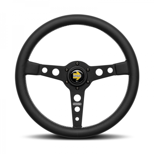 Momo Prototipo Steering Wheel (39 mm Dish), Black Leather, Black Spokes - 35 cm