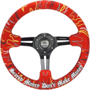 NRG Innovations Lenkrad Schwarze Kreuzstichnaht Ryan Litteral Signature Scare Money Don't Make Money Flammen-Stickerei Rot - Schwarz 350mm Alcantara